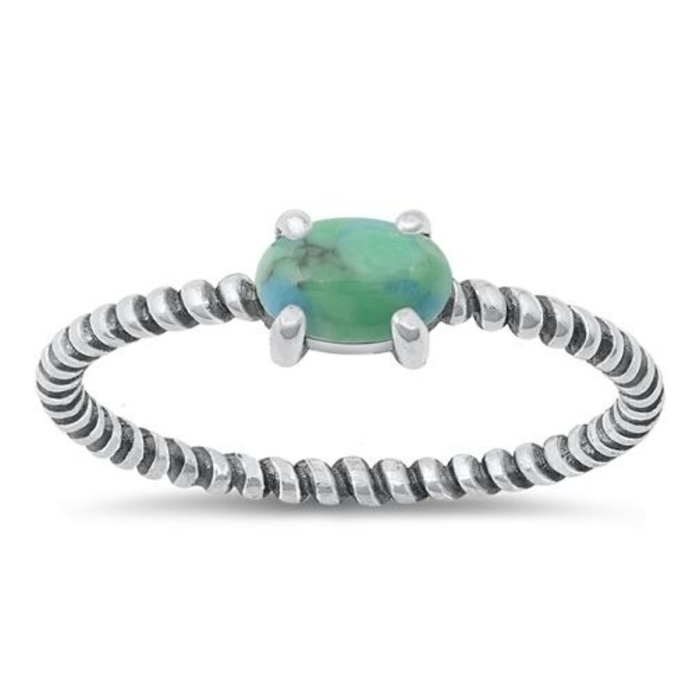 Sterling Silver 925 Minimalist Prong Set Turquoise Twisted Rope Band Ring Sz 8